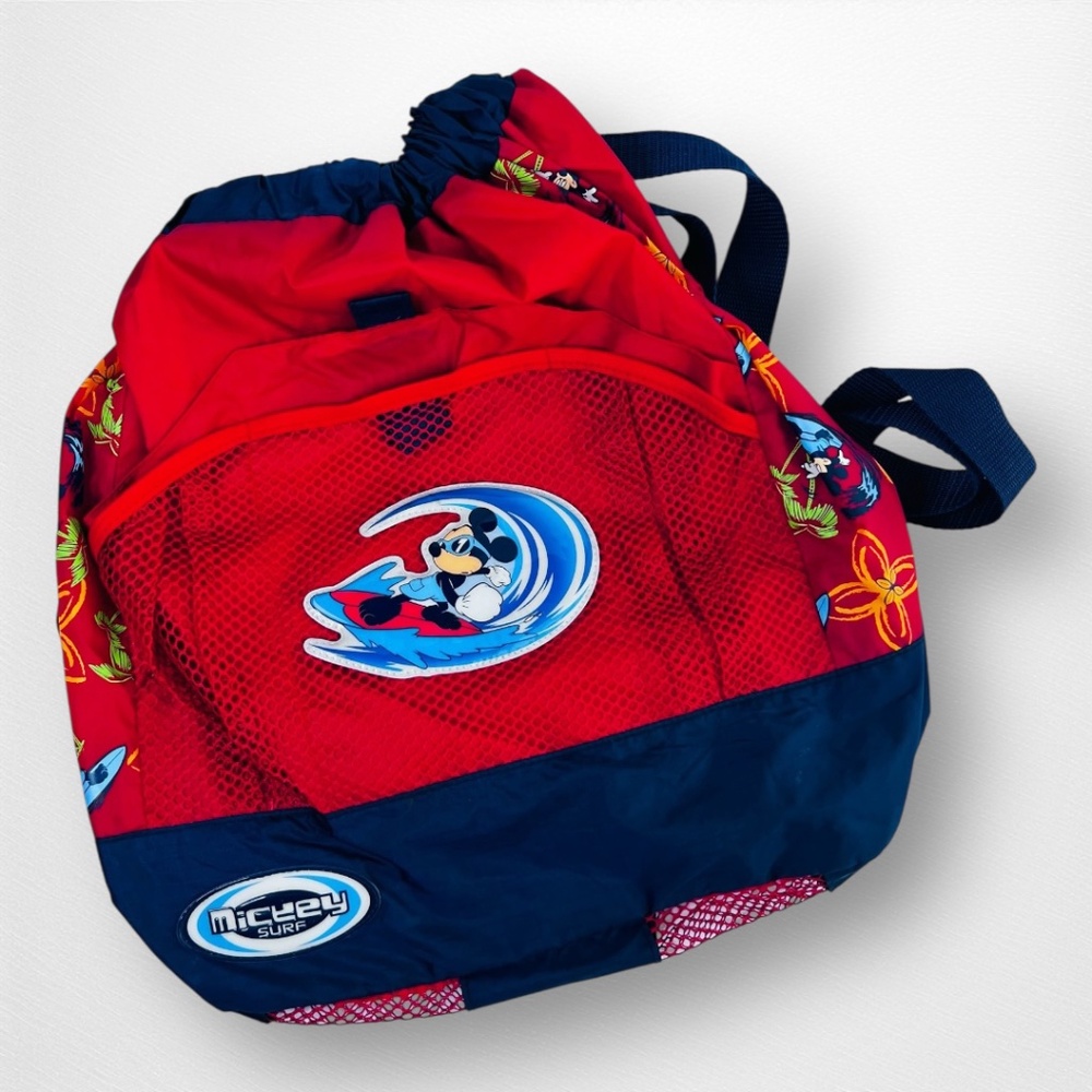 Vintage Disney Store Mickey Surf Drawstring Backpack | Mesh Bottom Beach Bag